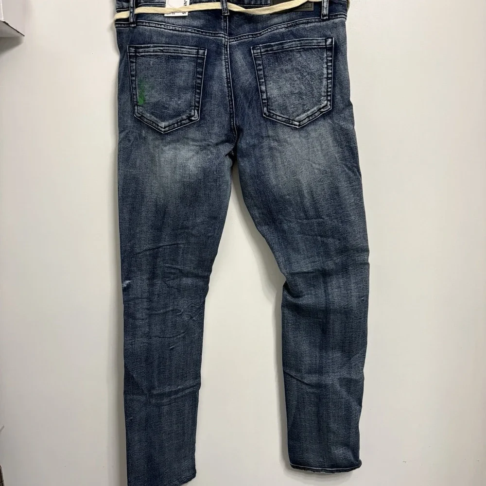 Rue21 Premium Men's 32X34 Jeans Blue Design Patch Distressed Skinny Fit Denim